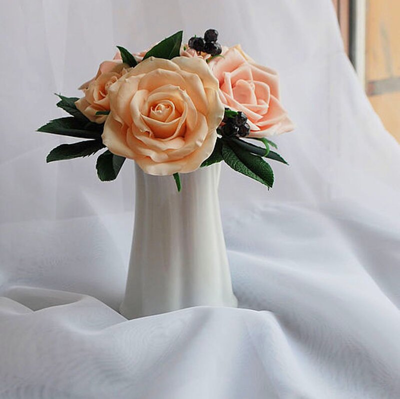 Peach Roses in Vase — White, Serene