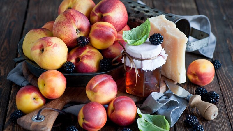 Peaches and Blackberries — Brown, Rustic, Photograph
