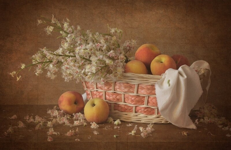 Peaches and Flowers in Basket