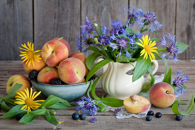 Peaches and Flowers in Bowl