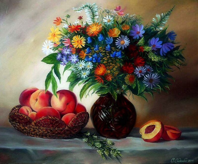Peaches and Flowers in Vase — Red