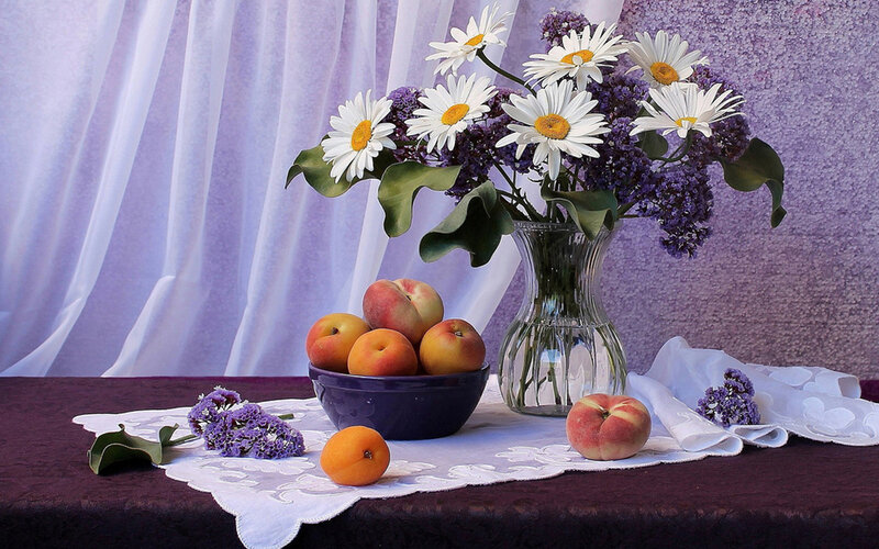Peaches and Flowers in Vase