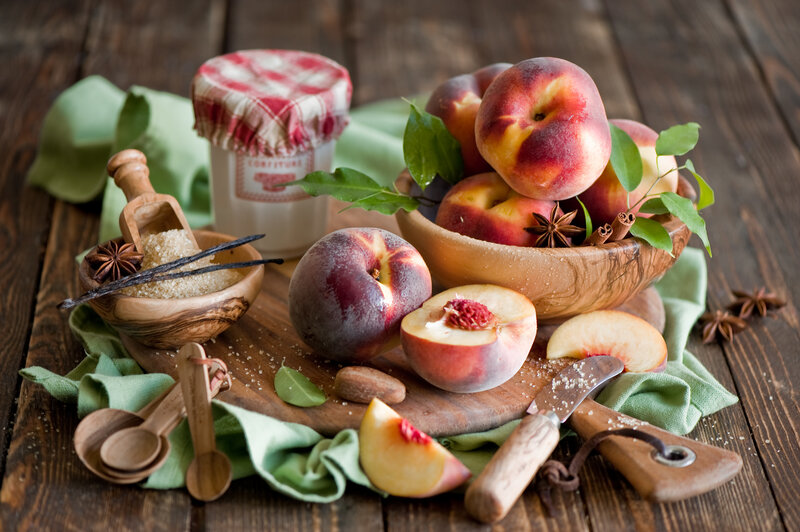 Peaches and Jam on Wood