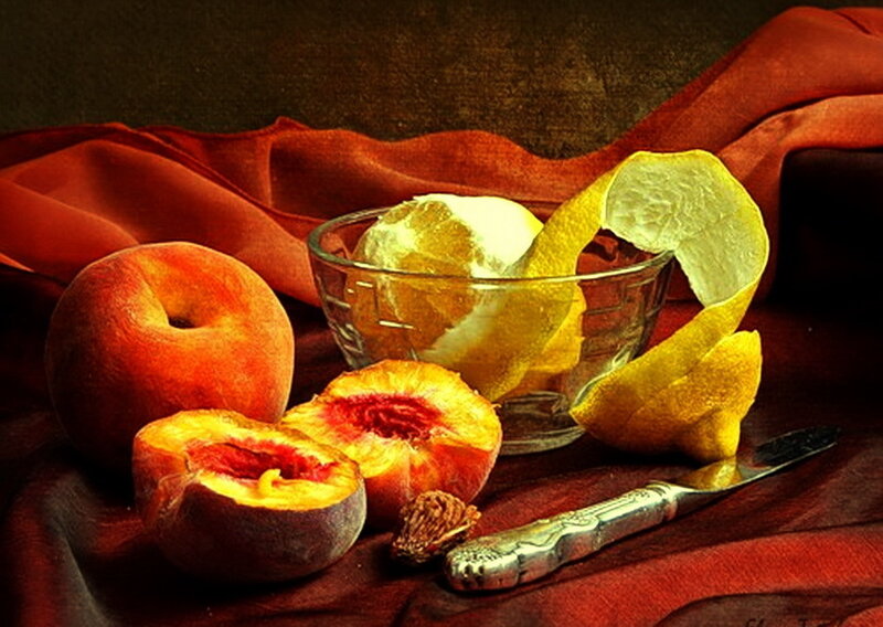 peaches and lemon peel still life