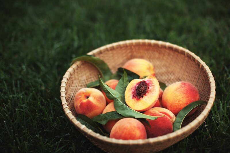 Peaches in a Basket — Green, Serene, Afternoon, Photograph