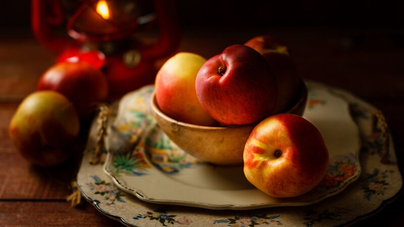 Peaches in a Bowl — Red, Dramatic