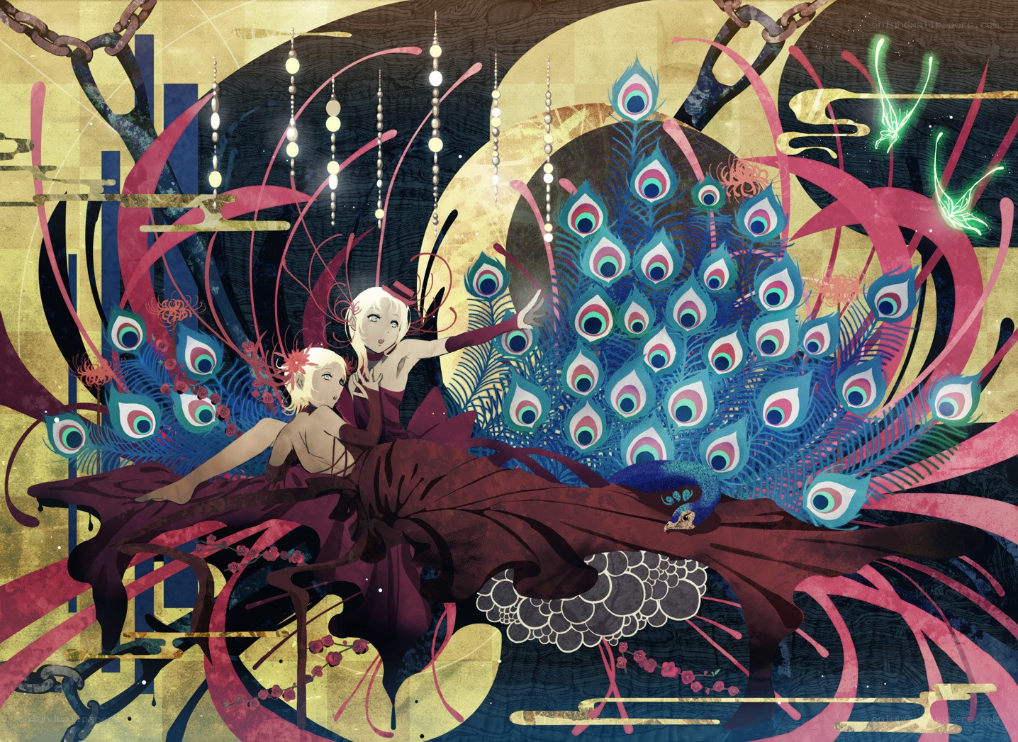 Peacock and two figures in art