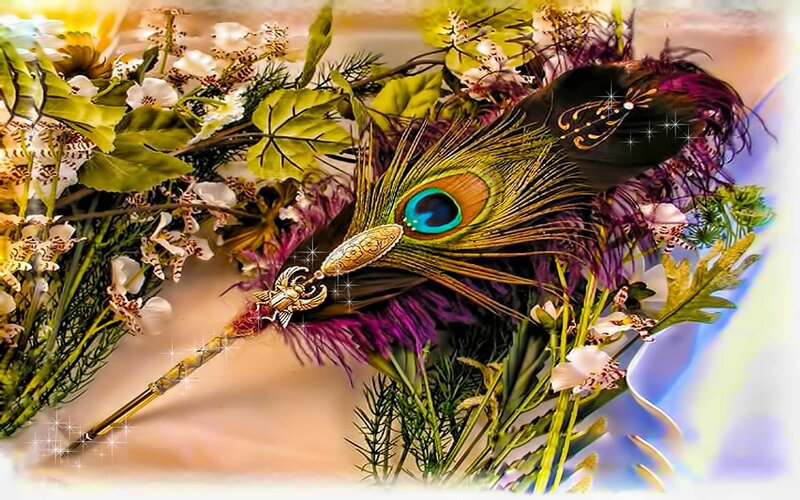 Peacock feather in floral arrangement