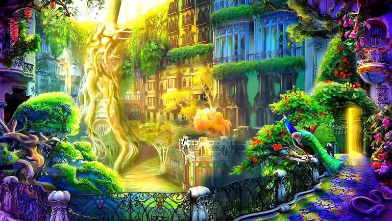 Peacock in Garden — Green, Fantastical