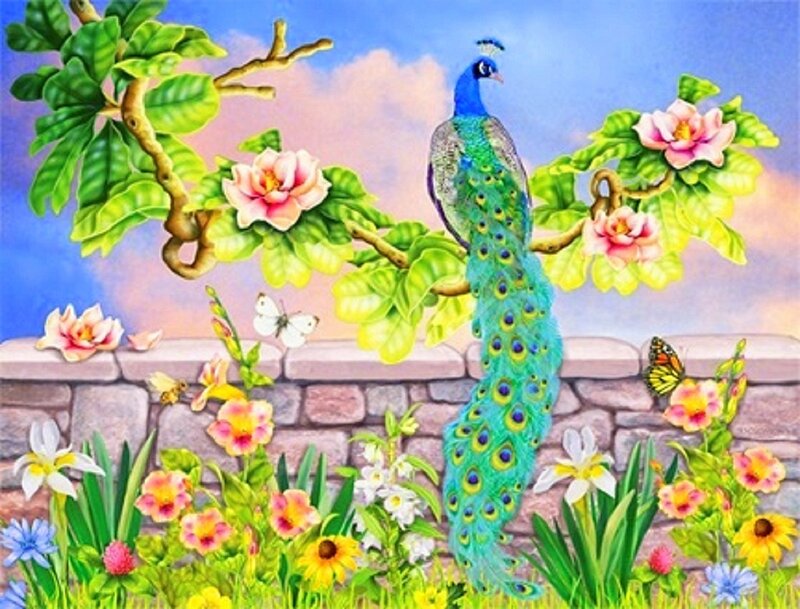Peacock on a Branch — Blue, Serene