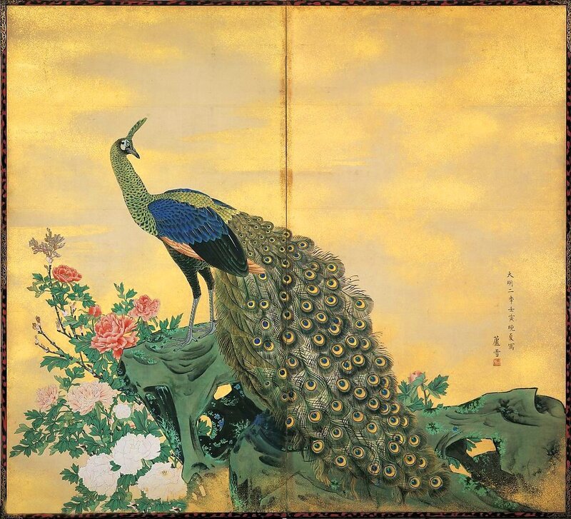 Peacock on a Rock with Flowers