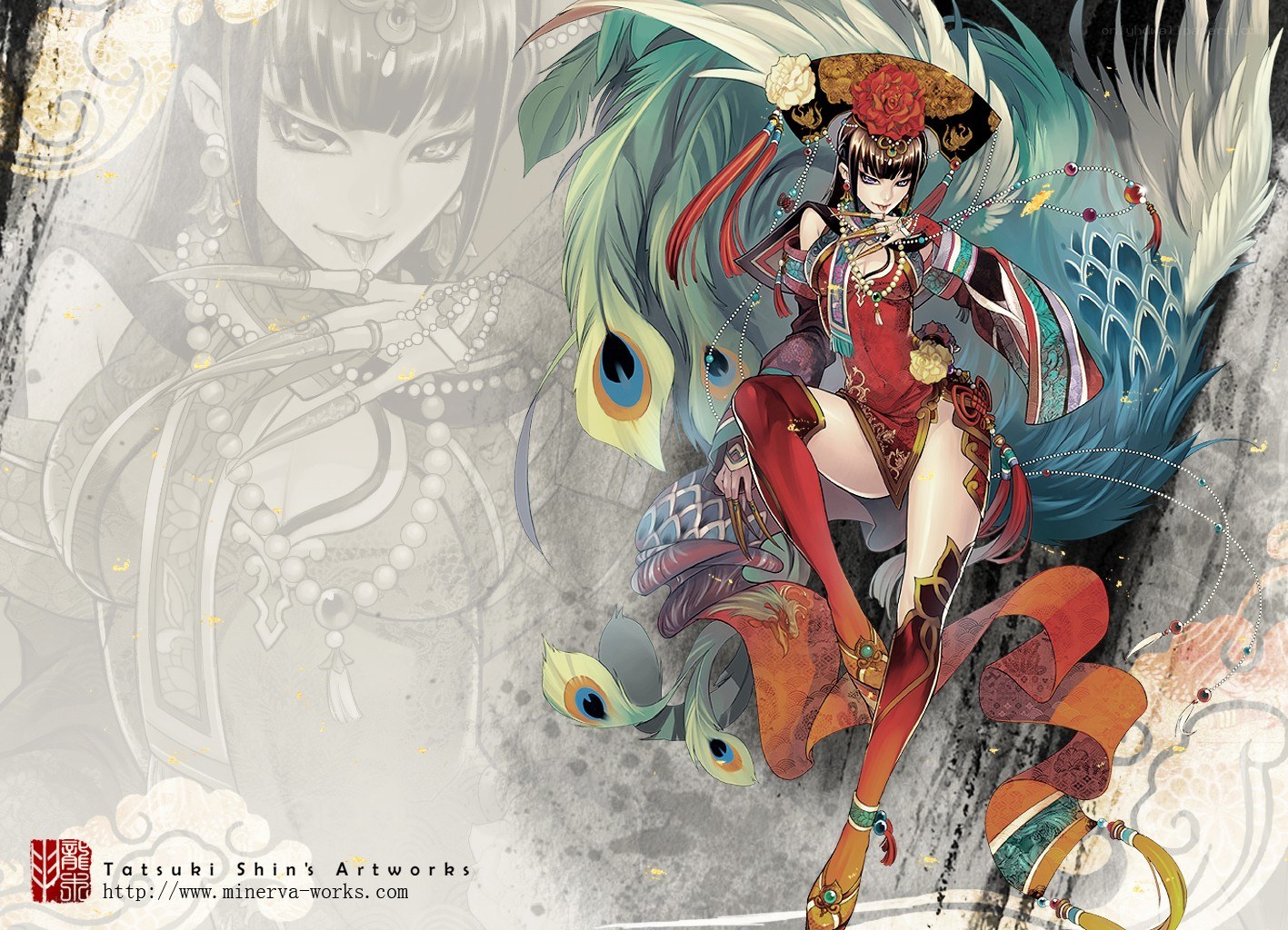 Peacock-themed anime character art