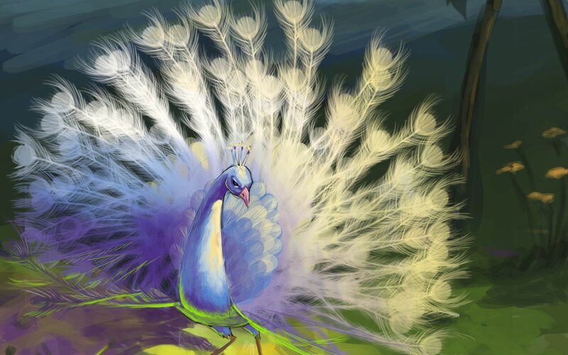 Peacock with Fanned Tail — Blue, Serene, Digital Art