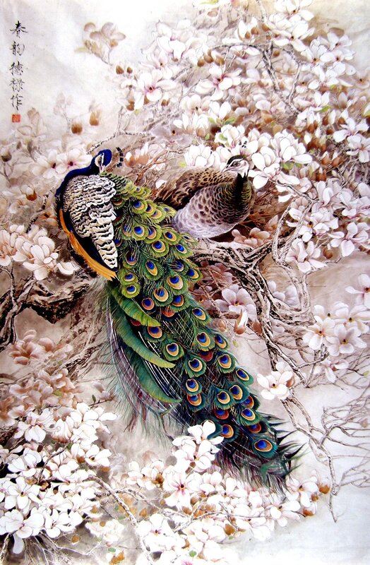 Peacocks Among Blossoms