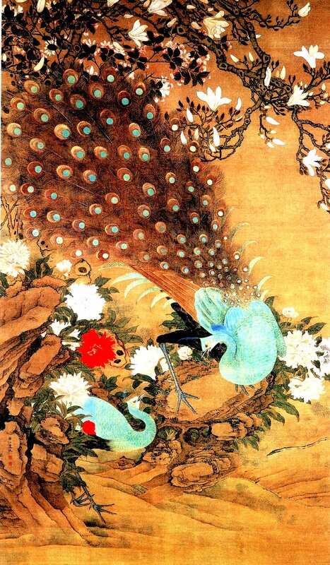 Peacocks among flowers