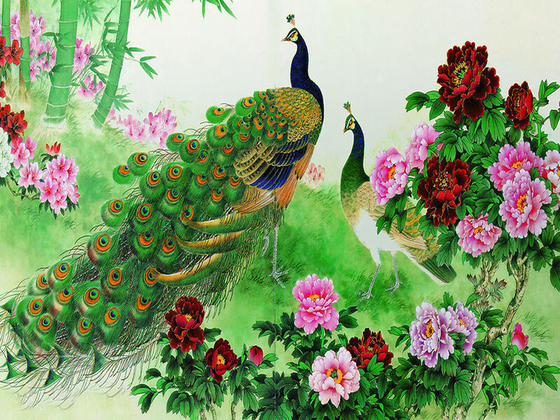 Peacocks Among Peonies