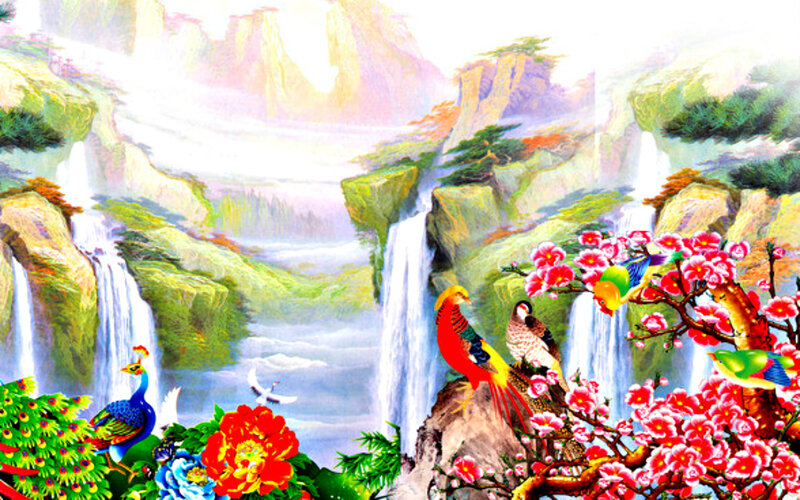 Peacocks and Birds in Landscape