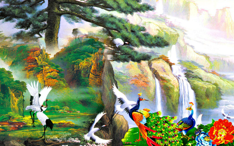 Peacocks and Cranes in Landscape