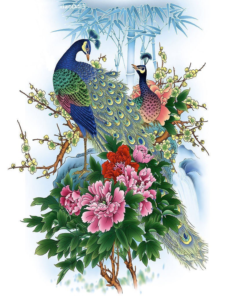 Peacocks and peonies in bloom