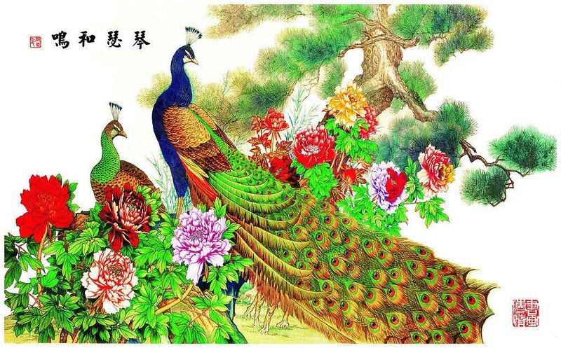 Peacocks and Peonies Painting