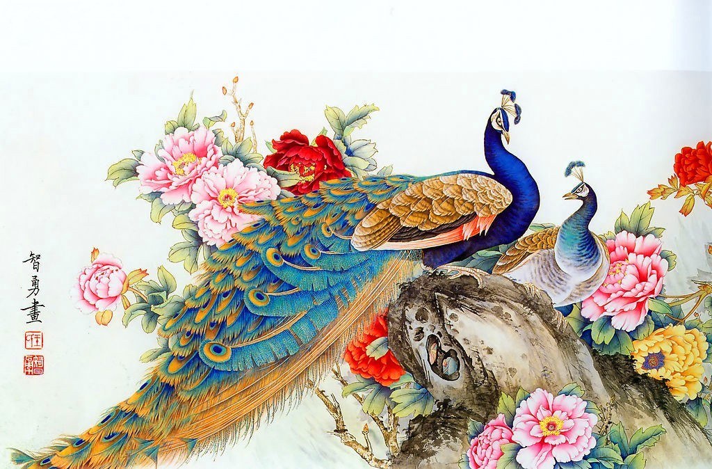 Peacocks and peonies painting