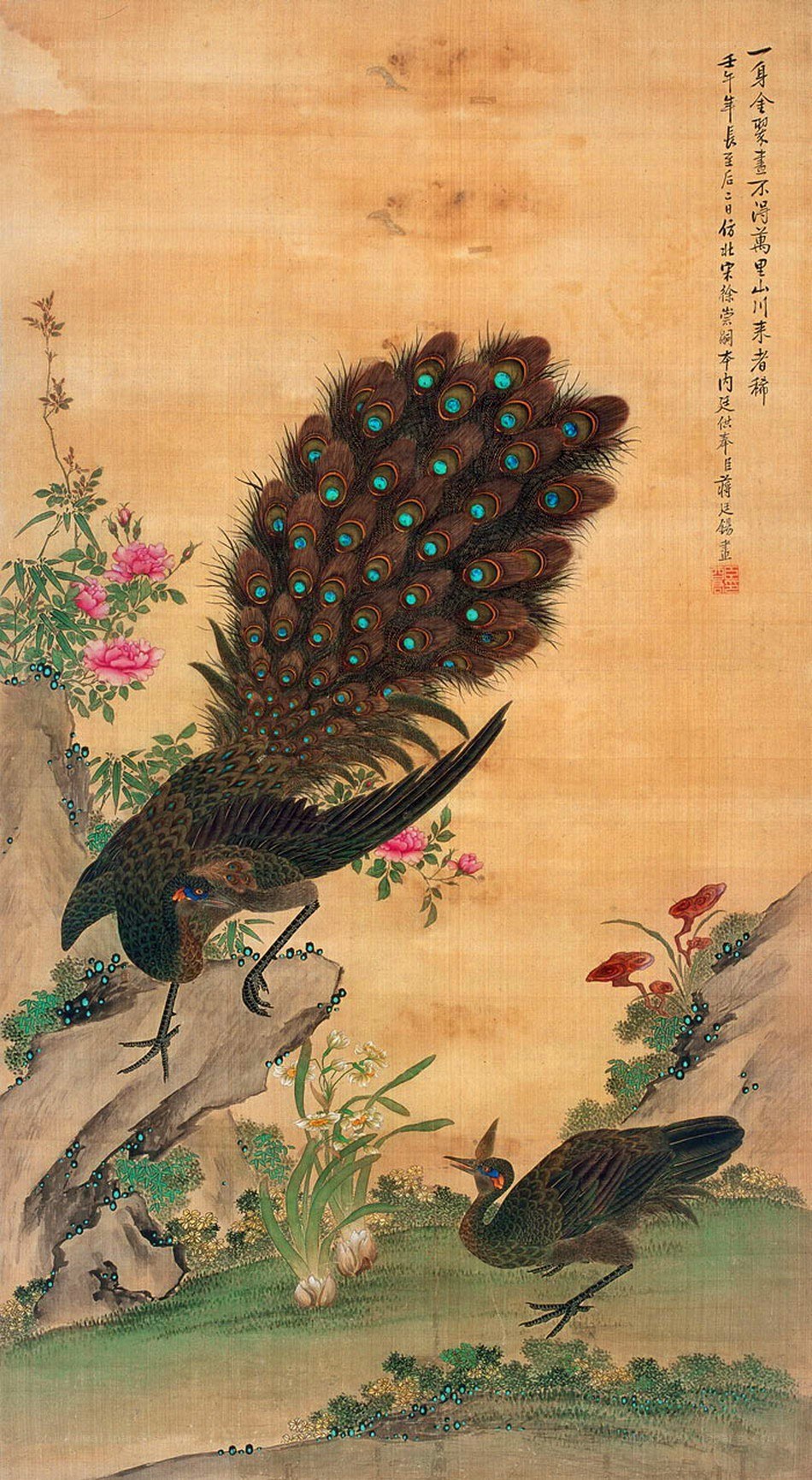 Peacocks in a garden scene
