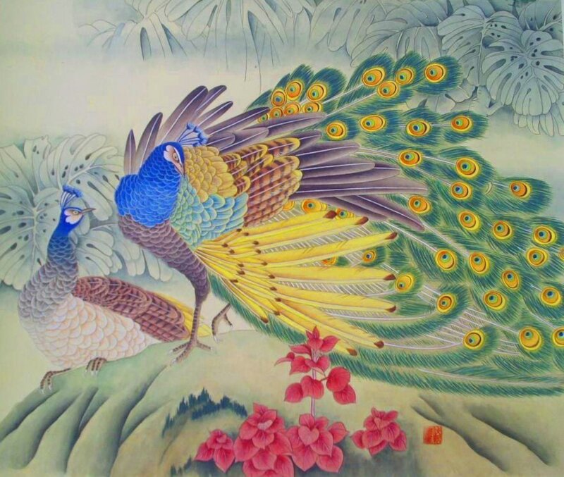 Peacocks in a garden