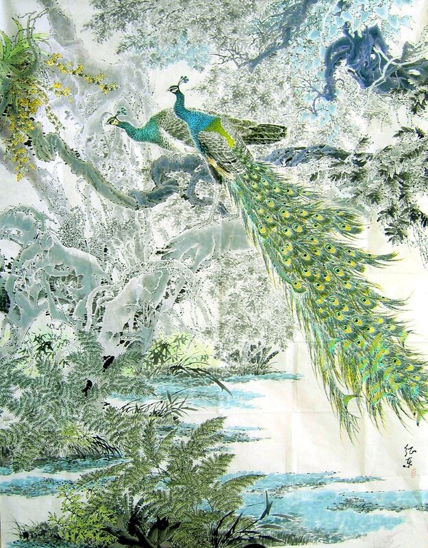 Peacocks in a lush garden