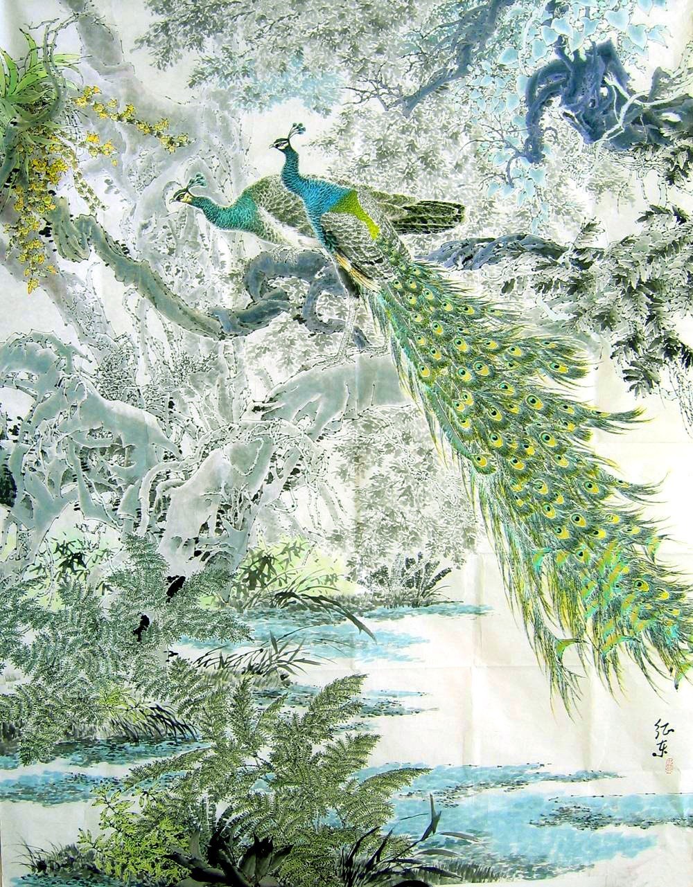 Peacocks in a lush garden