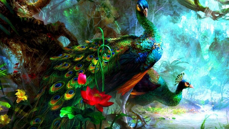 Peacocks in Forest — Green, Serene, Digital Art, Flowers