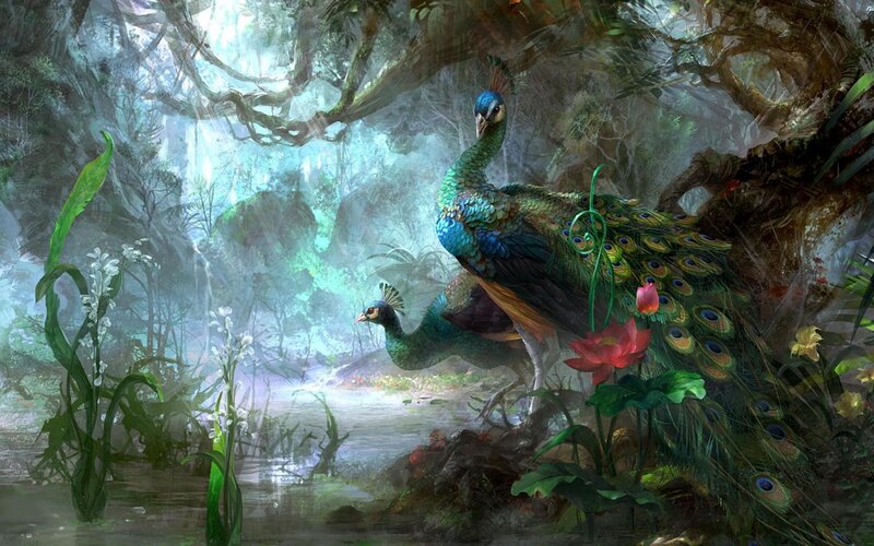 Peacocks in Forest — Green, Serene, Digital Art