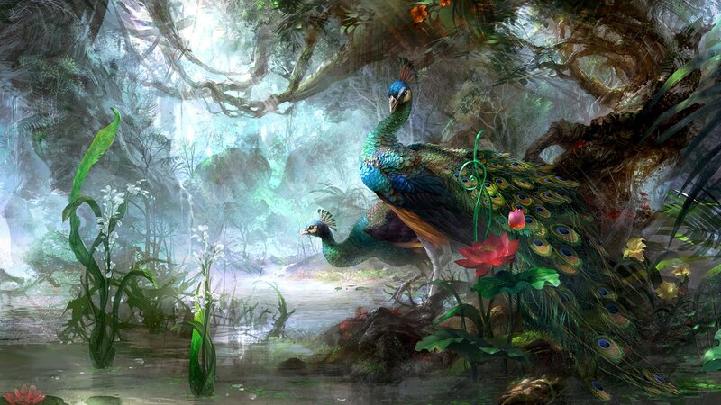 Peacocks in Forest — Green, Serene, Morning, Digital Art