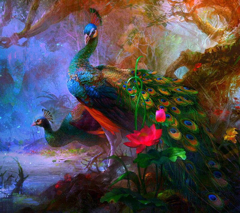 Peacocks in Forest — Green, Serene, Night