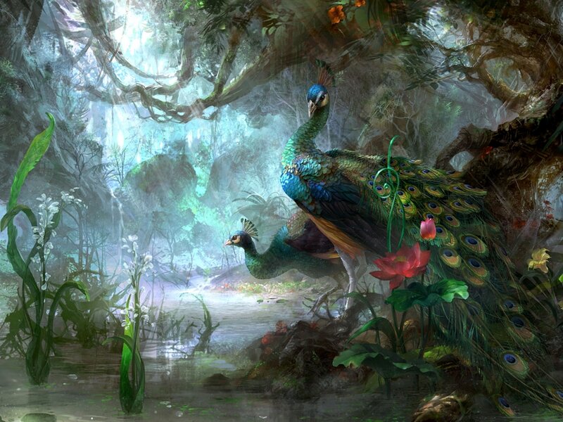Peacocks in Forest — Green, Serene