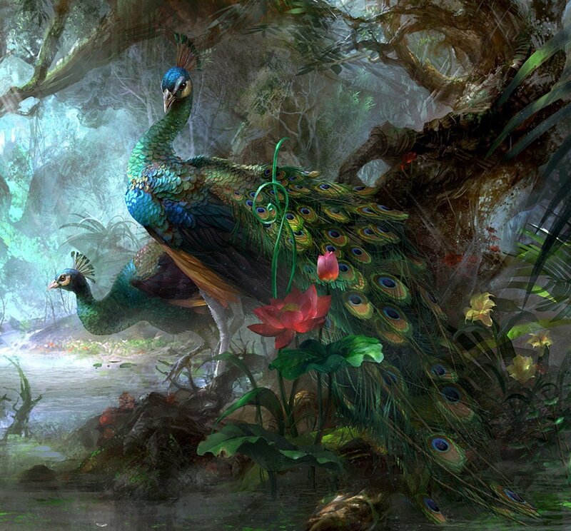 Peacocks in Forest — Green