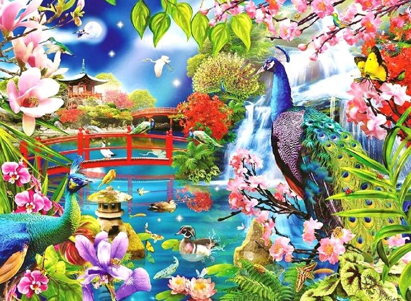 Peacocks in Garden — Blue, Serene, Night, Digital Art