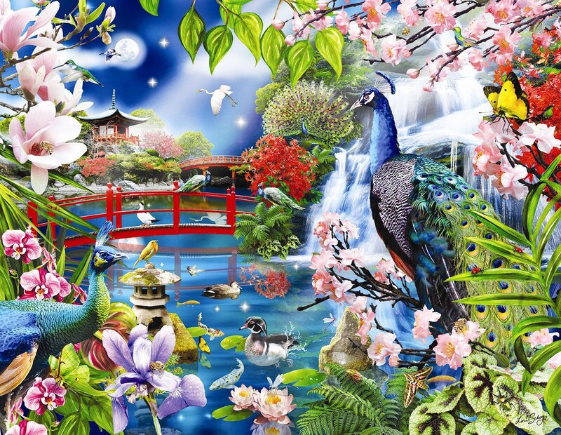 Peacocks in Garden — Blue, Serene, Night