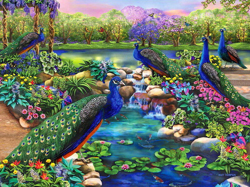 Peacocks in Garden — Blue, Serene, Spring