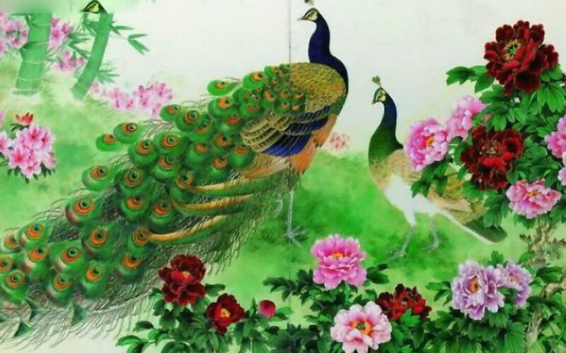 Peacocks in Garden — Green, Serene, Spring, Painting, Flowers