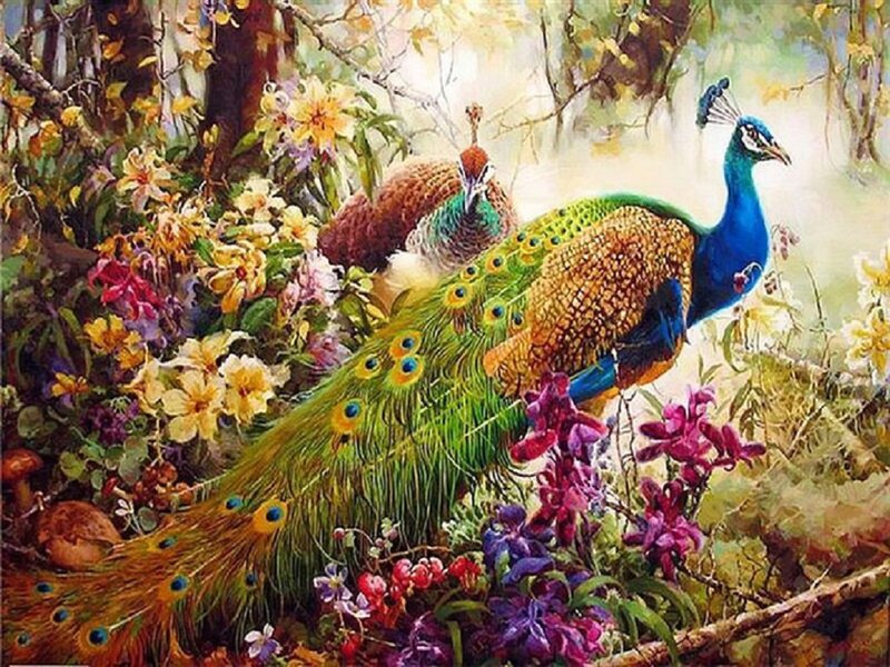 Peacocks in Garden — Green, Serene, Spring, Painting