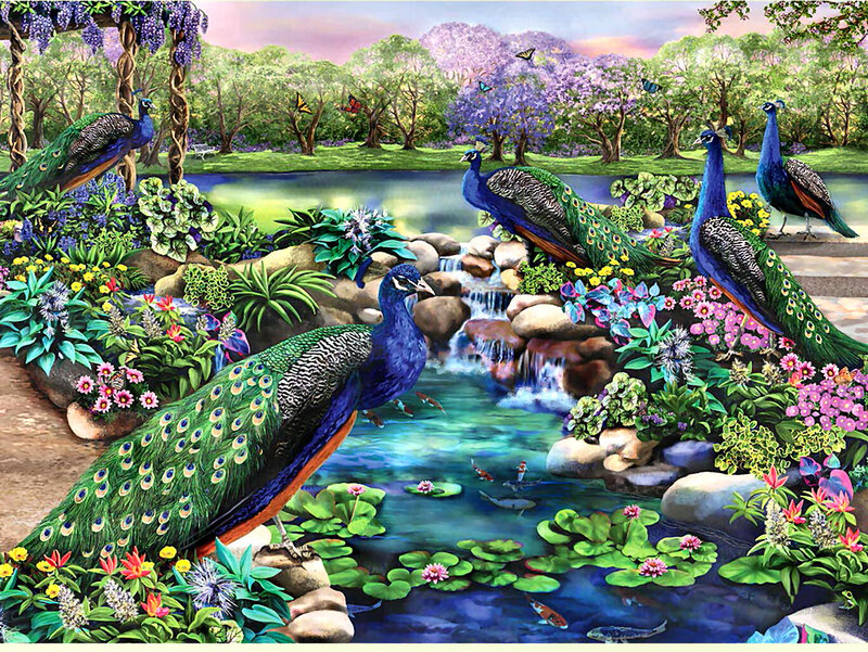 Peacocks in Garden — Green, Serene, Spring