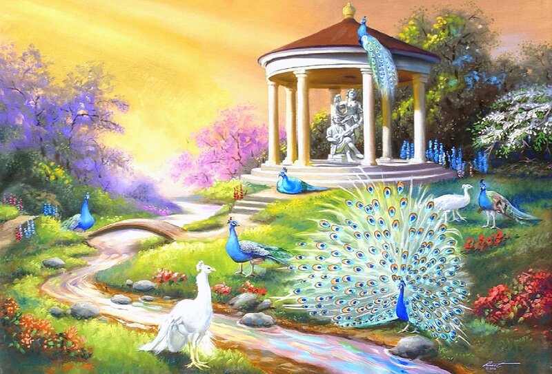 Peacocks in Garden — Green, Serene, Sunset