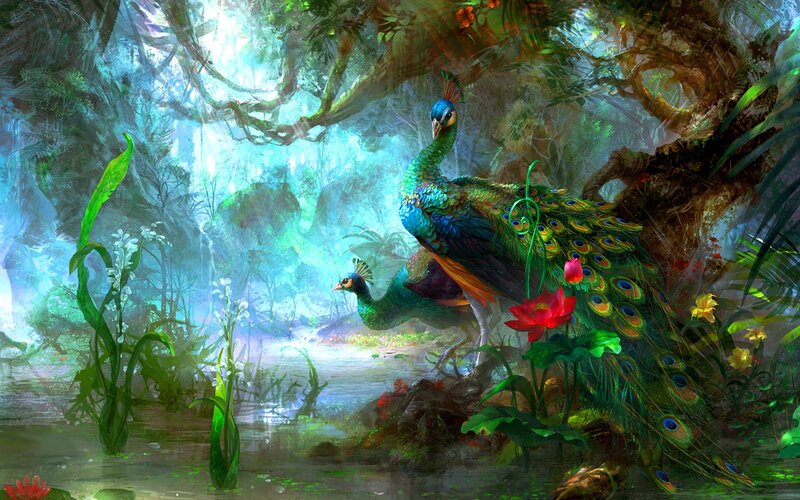 Peacocks in Jungle — Green, Serene, Morning, Digital Art, Flowers