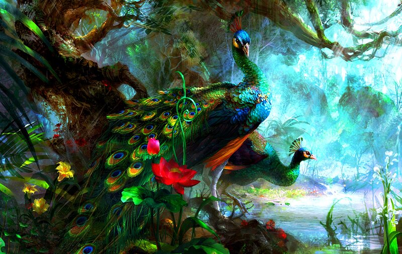 Peacocks in Jungle — Green, Serene, Morning