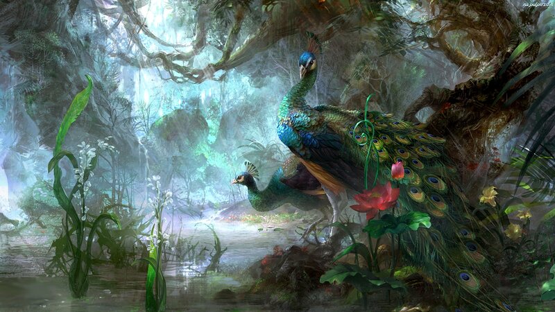 Peacocks in Jungle — Green, Serene