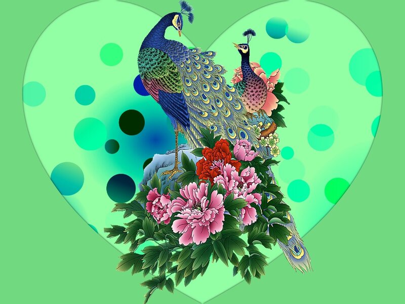 Peacocks with Flowers — Green
