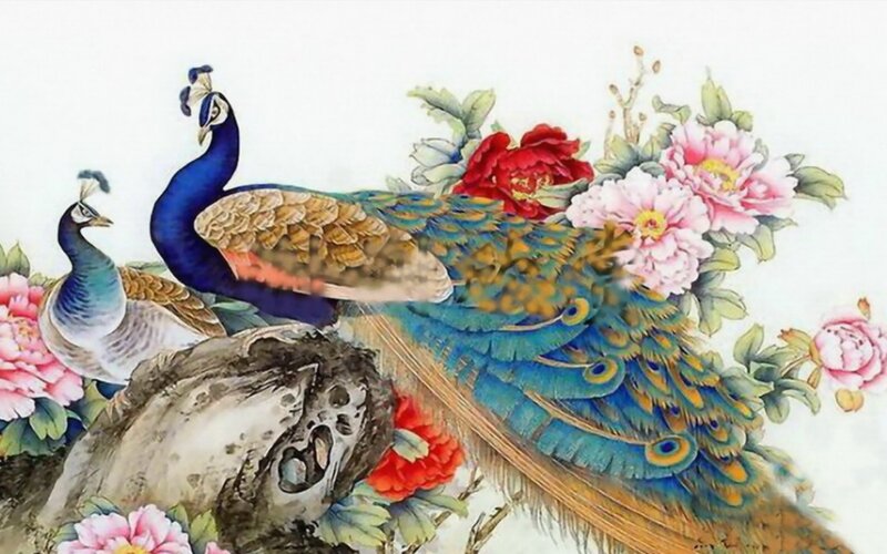 Peacocks with Peonies — Blue, Serene, Painting, Rock