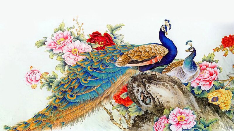 Peacocks with Peonies — Blue, Serene, Painting