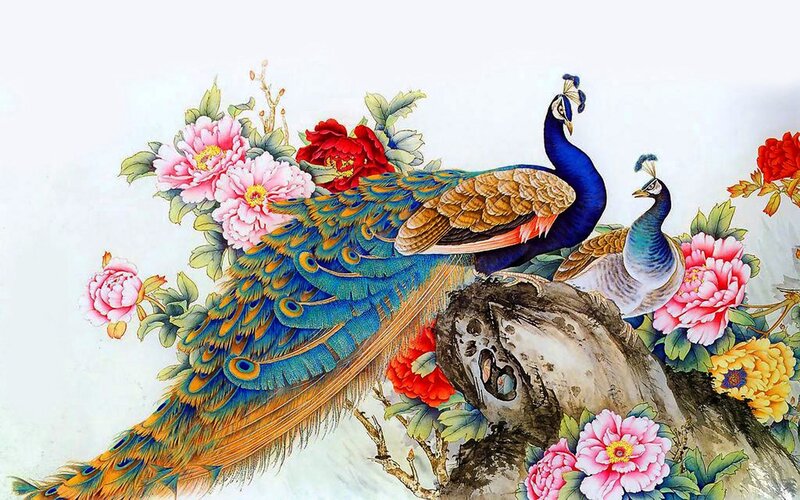 Peacocks with Peonies — Blue, Serene