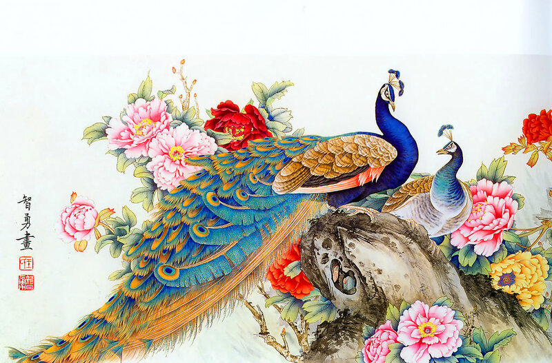 Peacocks with Peonies — Blue